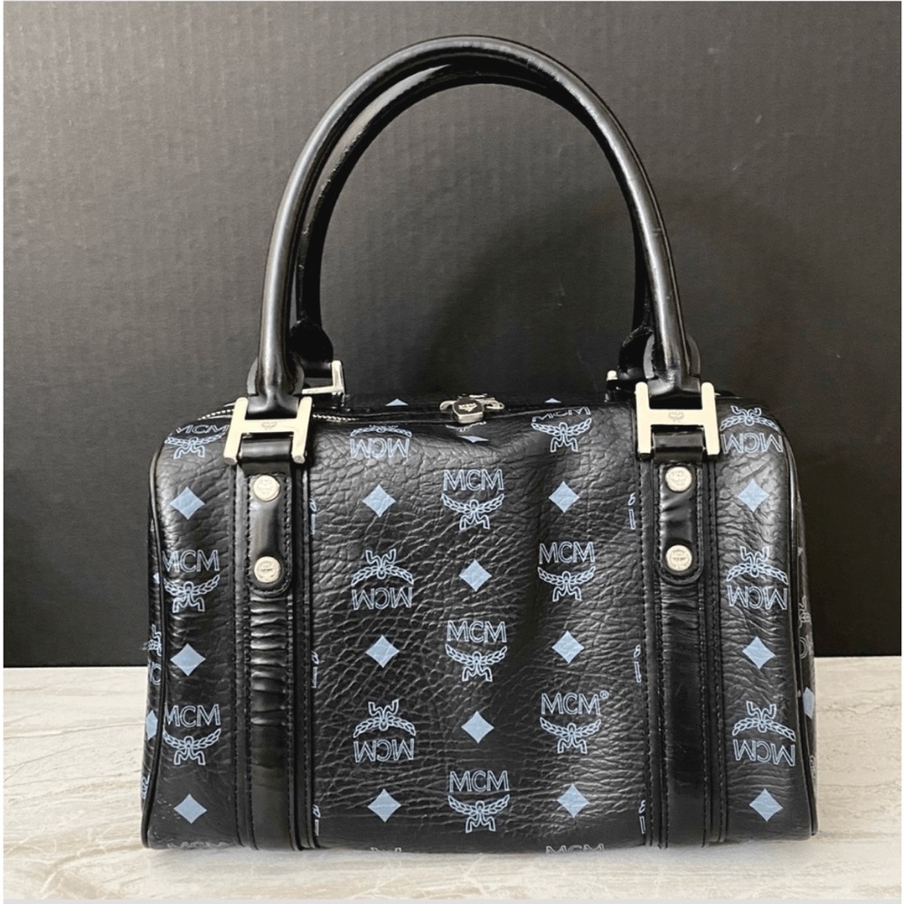 MCM Black Visetos Boston Bag 25cm – Rare Blue Logo Accents Excellent Condition! - Picture 2 of 10